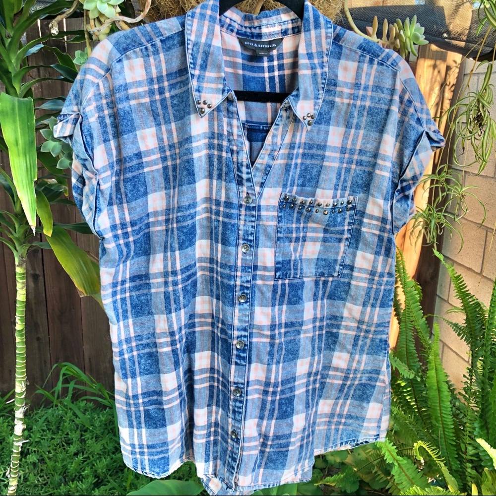 Rock and Republic Plaid Studded Button Up Blouse